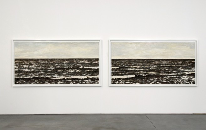 Isla (in memoriam) díptico, 2007 / Óleo, anzuelos, puntillas y sangre del artista sobre panel de plywood / 136.5 x 258.5 x 7 cm cada uno