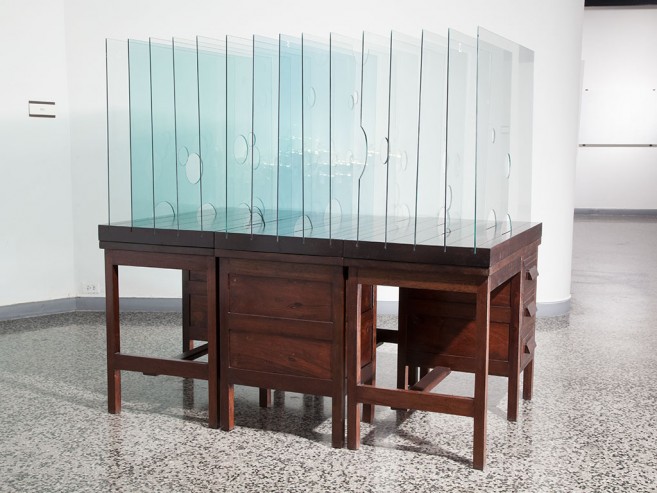 Bureaucratic, 2006-2011 / Wooden office desks and glass / 102 x 104 x 180 cm