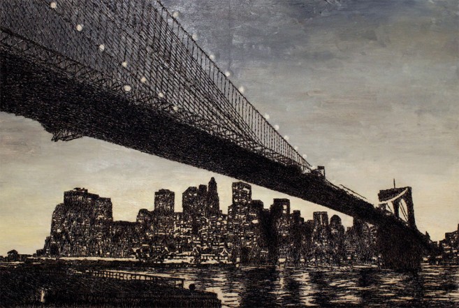 American Appeal (bridge), 2008 / Oil, fish-hooks and nails on panel of canvas and plywood / 200 x 300 x 10 cm