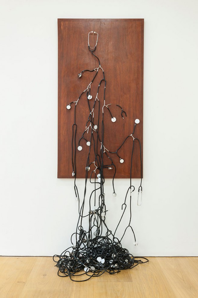 Consensus (collective feeling), 2012-2013 / Stethoscopes and nickel-plated copper devices on wooden base / 159 x 86 x 17 cm