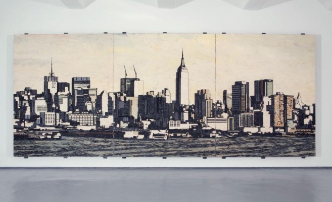 American Appeal (postcard), 2008 / Óleo, anzuelos y puntillas/Panel de lino y plywood / 270 x 155 x 10 cm