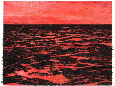Isla (Rojo), 2014 / Óleo, anzuelos y puntillas sobre lino y panel de plywood / 96 x 125 x 7 cm
