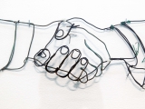 Diplomacy Lesson (handshake), 2015 (detail ) / Electrical cable, copper wire, plastic zip ties, glass, steel shelf / Variable dimensions